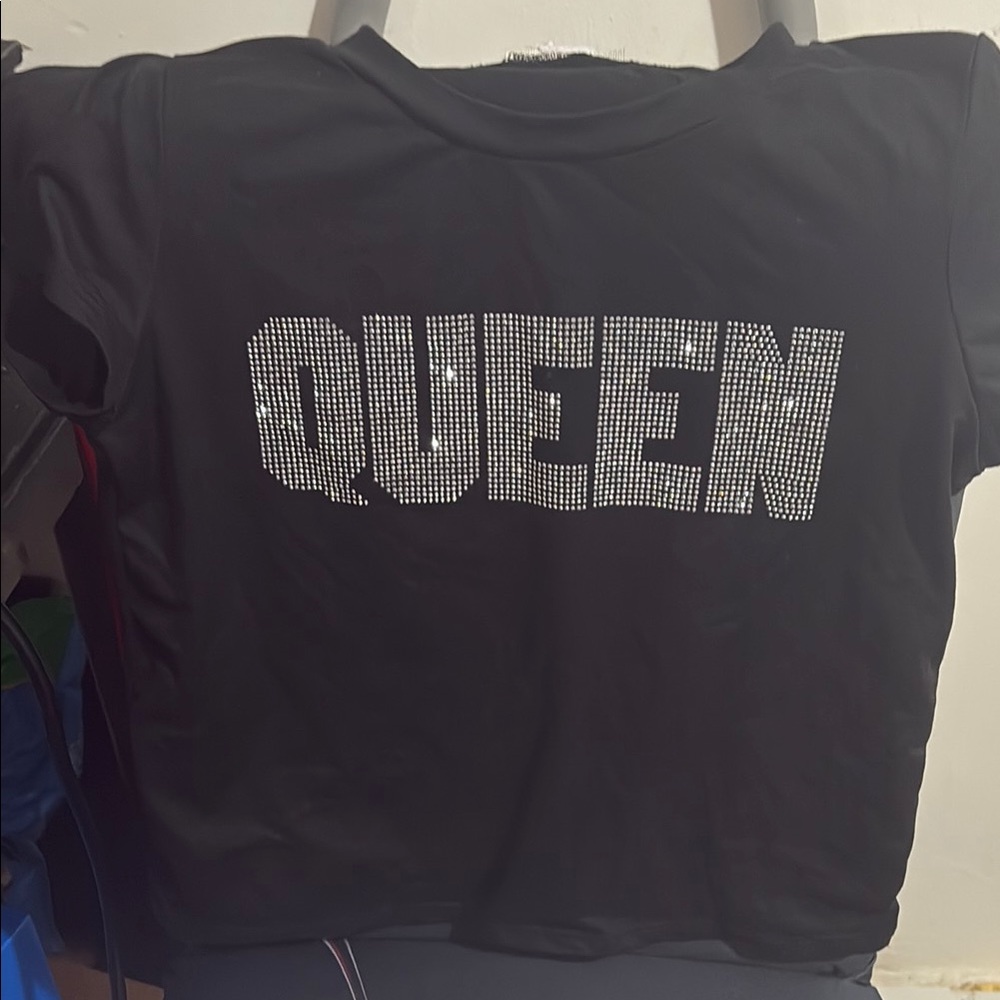 Black T-Shirt with Rhinestone 'QUEEN' Design
